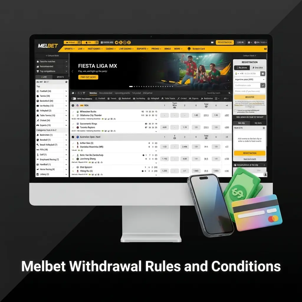 Melbet withdrawal rules covering KYC verification, bonus wagering, same-method policy, limits, and account standing for India
