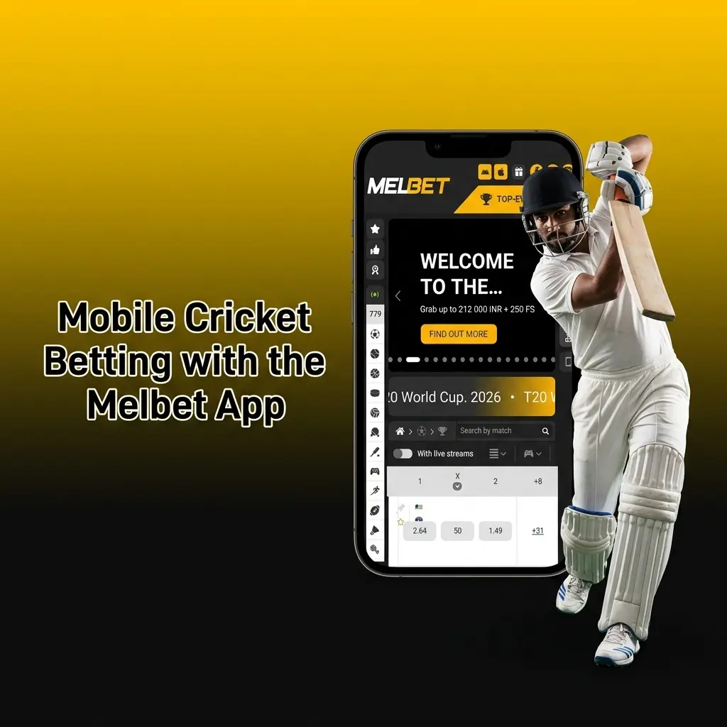 Melbet mobile app interface showing cricket betting options on Android and iOS devices with live markets