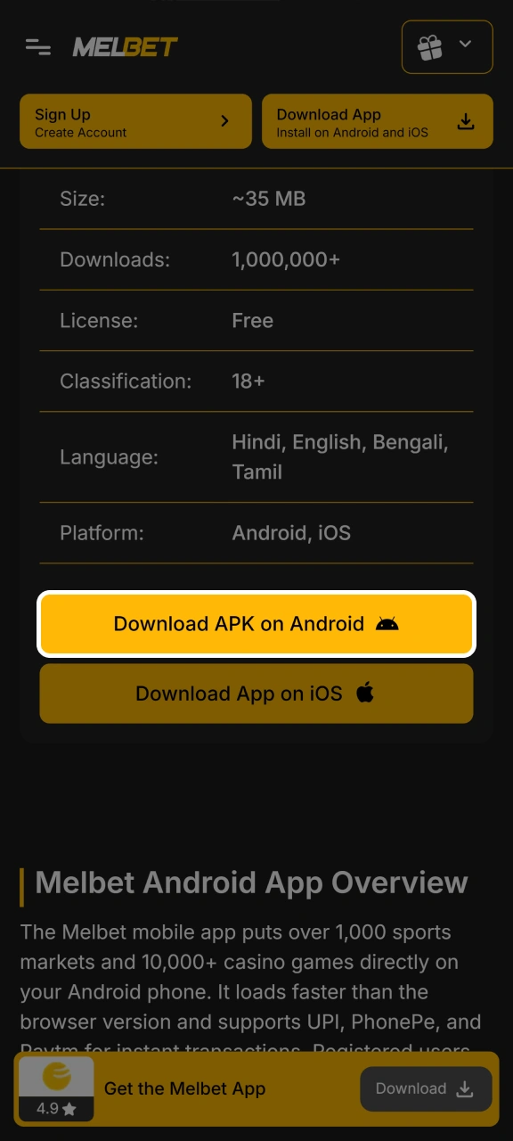 Click the Download for Android button and download the Melbet app's APK file.