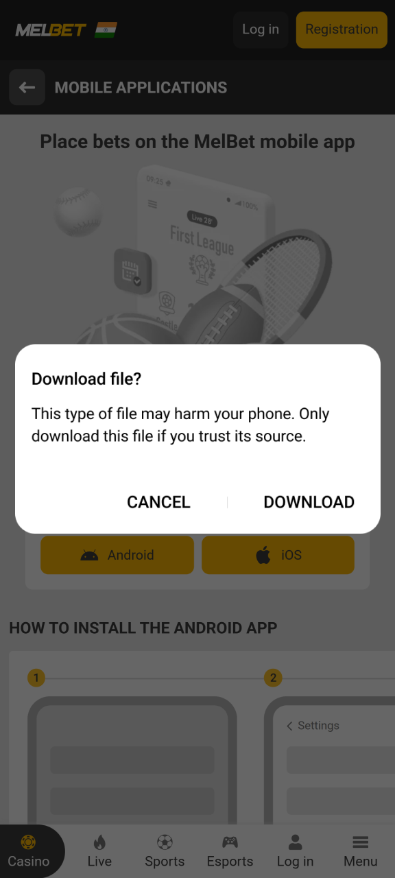 Agree to download the Melbet APK file.