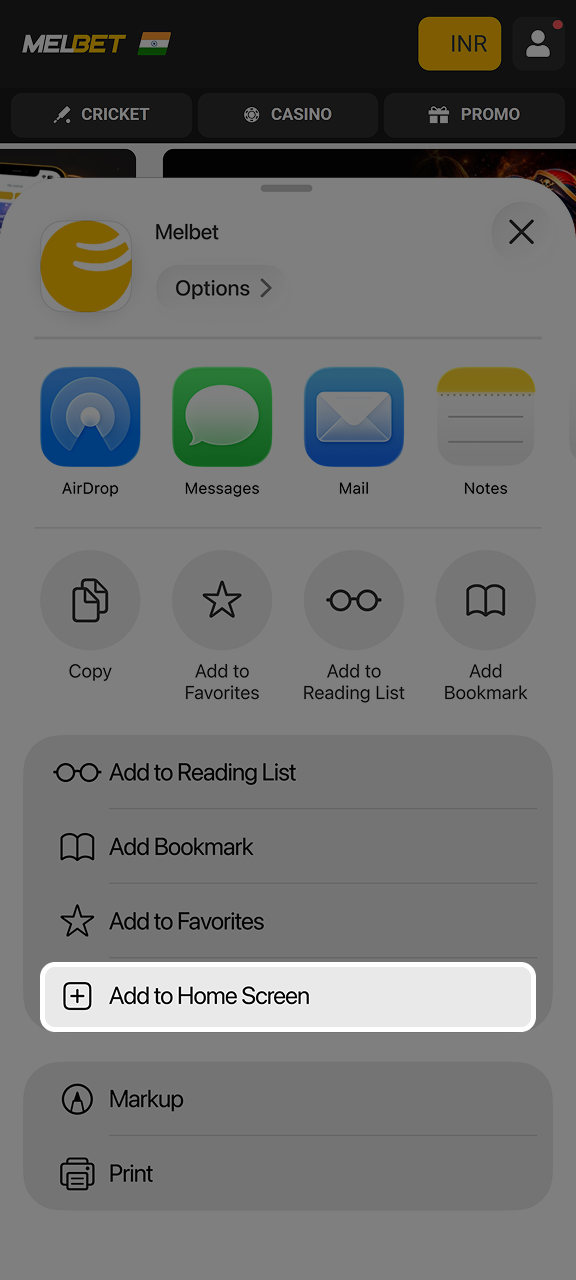 Tap Add to Home Screen to add the Melbet shortcut.