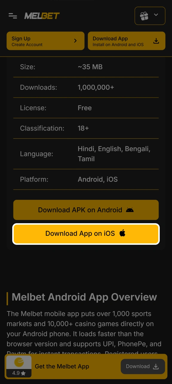 To install the Melbet app for iOS, click the Download button.