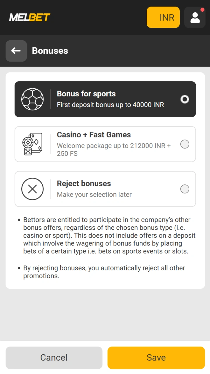 Open the bonuses section in your Melbet profile and select the welcome bonus.