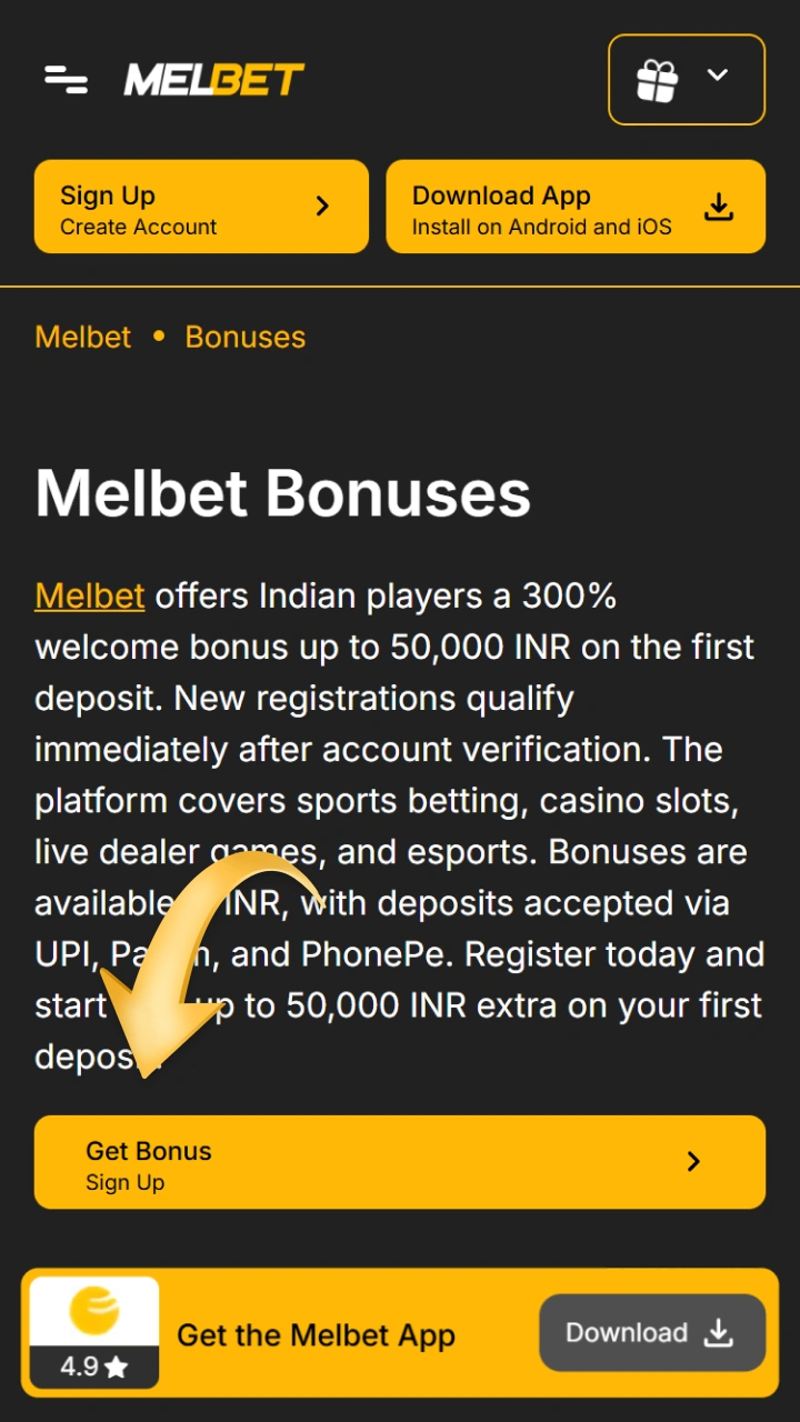 Click the button on the Melbet website to receive generous deposit bonuses.