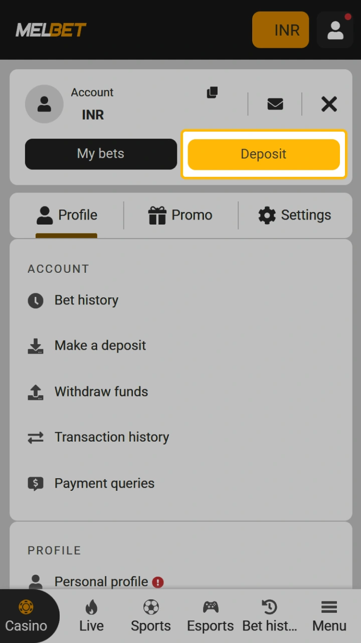 Use the quick-access button on the Melbet website to instantly top up your account.