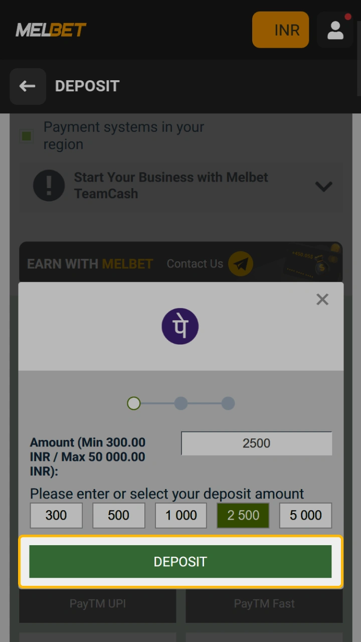Confirm the deposit to your Melbet account and complete the transaction.