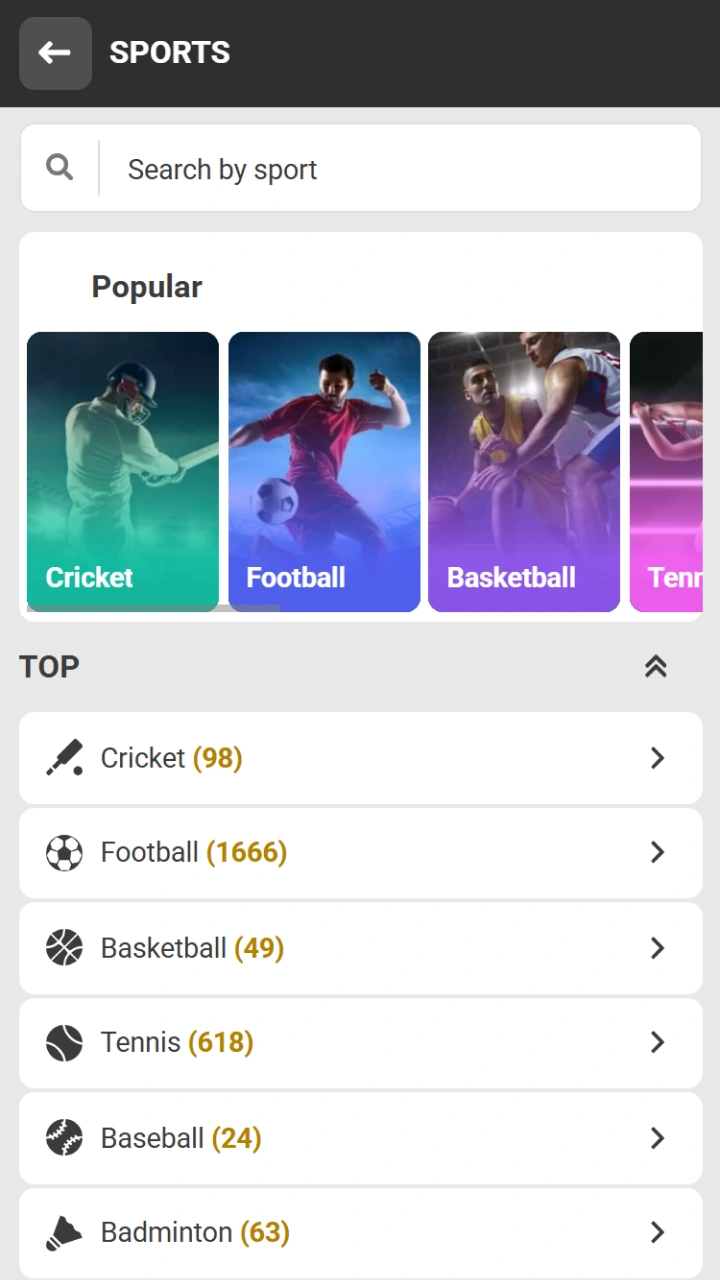 An intuitive sports menu on Melbet, featuring cricket, football, and various global sporting events.