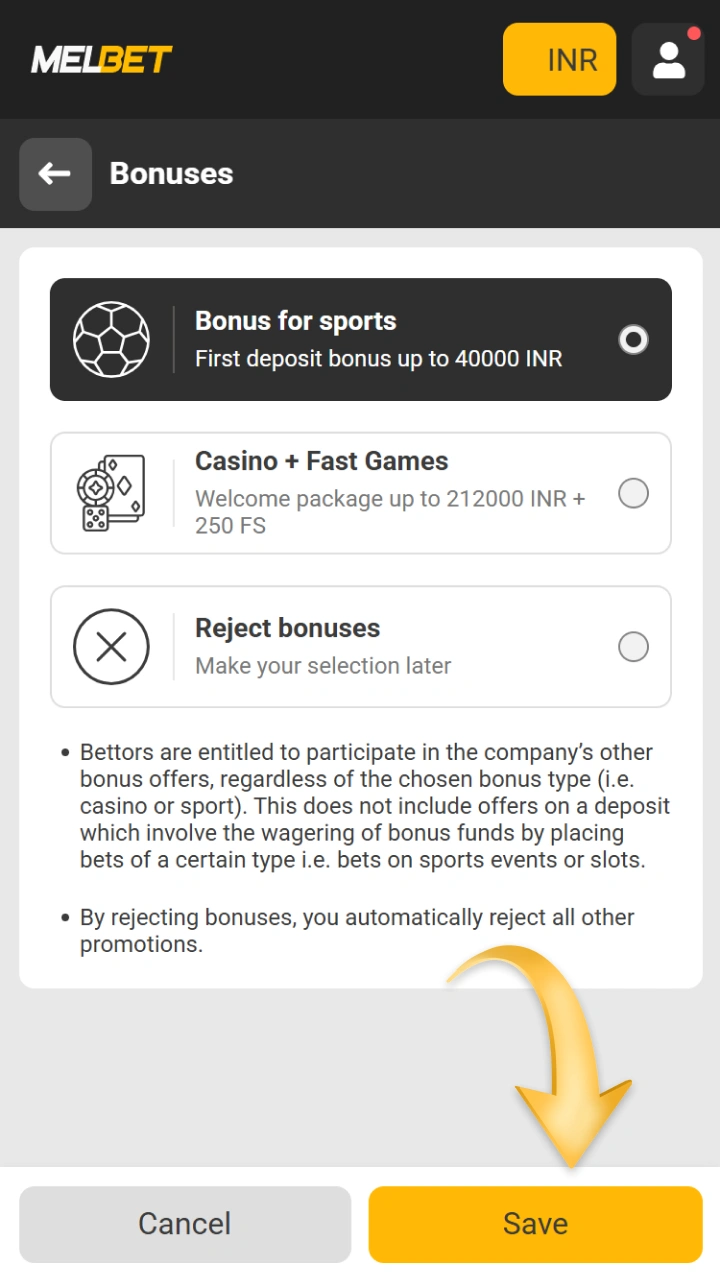A page on the Melbet website that allows users to select bonus offers.