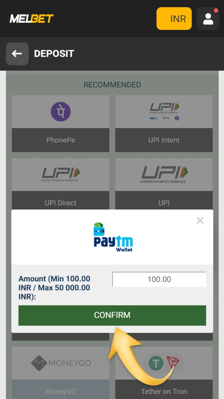 Check the amount and confirm the deposit on the Melbet website.