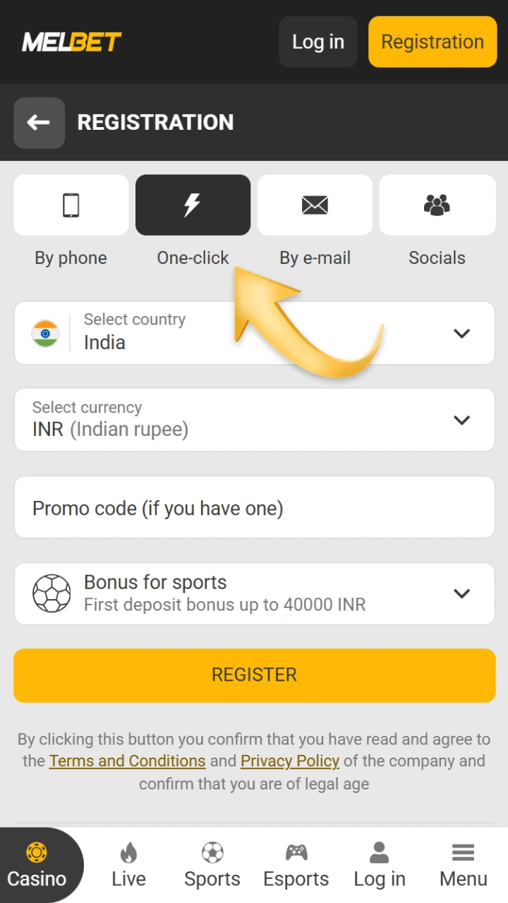 The one-click registration tab on the Melbet website is the fastest way to create a new account.
