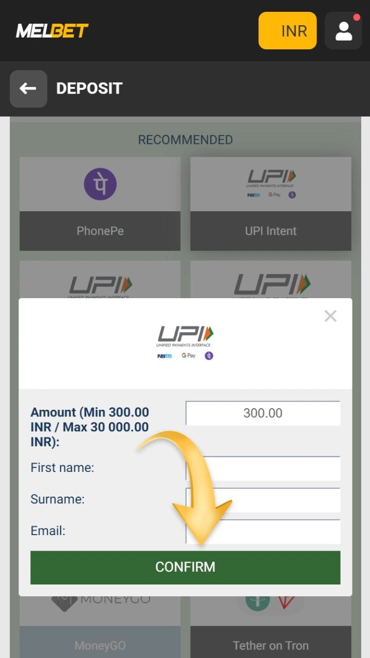 Confirm the payment on Melbet.