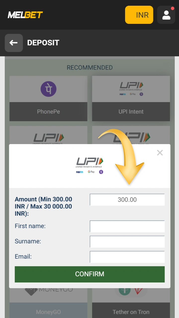 Check the limits and enter the deposit amount into the designated form on Melbet.