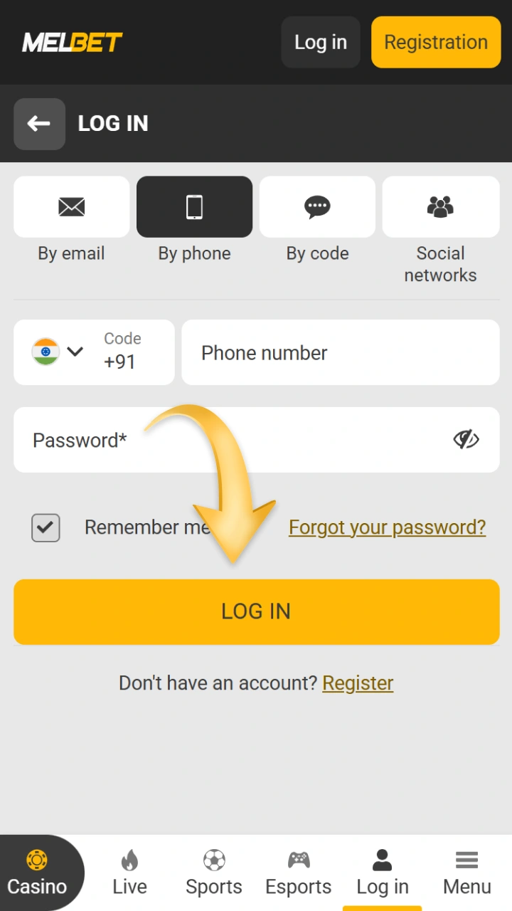 Use your login details to access the Melbet website.