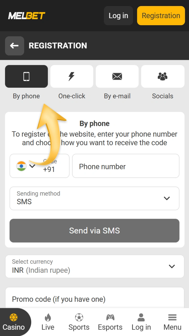 The mobile registration tab on Melbet, allowing you to easily create an account using a phone number.